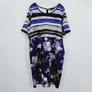 Eloquii Dress Sheath 22 Blue Purple Striped Floral Short Sleeve Zipped Scuba New